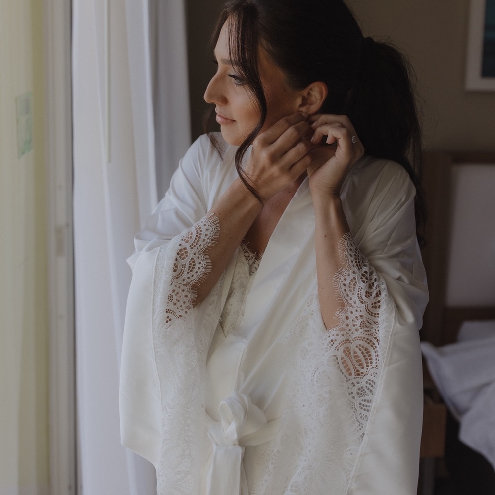 12th Tribe White Lace Bridal Robe & Lulus Jumpsuit Pajama Set